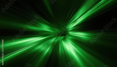 A vibrant green light burst zooms through the dark, creating a tunnel effect
