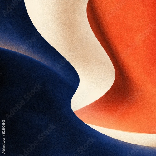 Abstract waves of red, cream, and blue paint on canvas