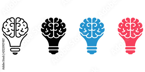 Brain in light bulb icon set , outline, silhouette and color ,representing idea creativity knowledge innovation and problem solving symbol for learning inspiration and smart thinking vector, design,