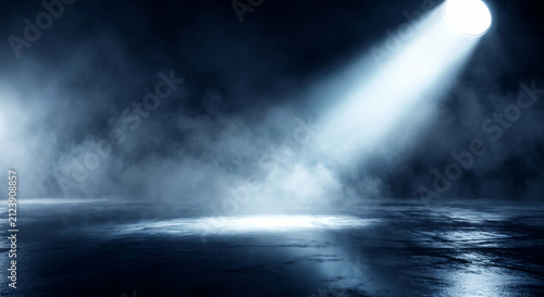 Empty dark cinematic stage with bright spotlight and smoke over reflective floor background