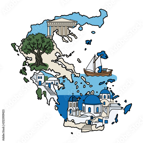 Greece map silhouette with cultural and historical landmarks