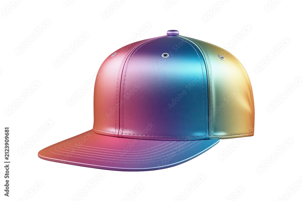 Fototapeta premium Glossy rainbow gradient baseball cap with flat brim