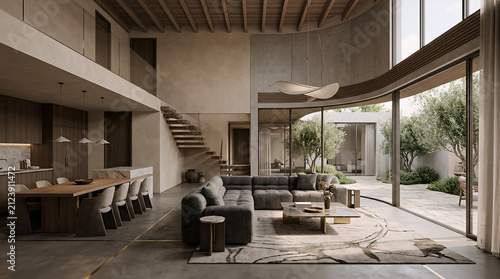 Modern minimalist luxury home interior with living room and garden