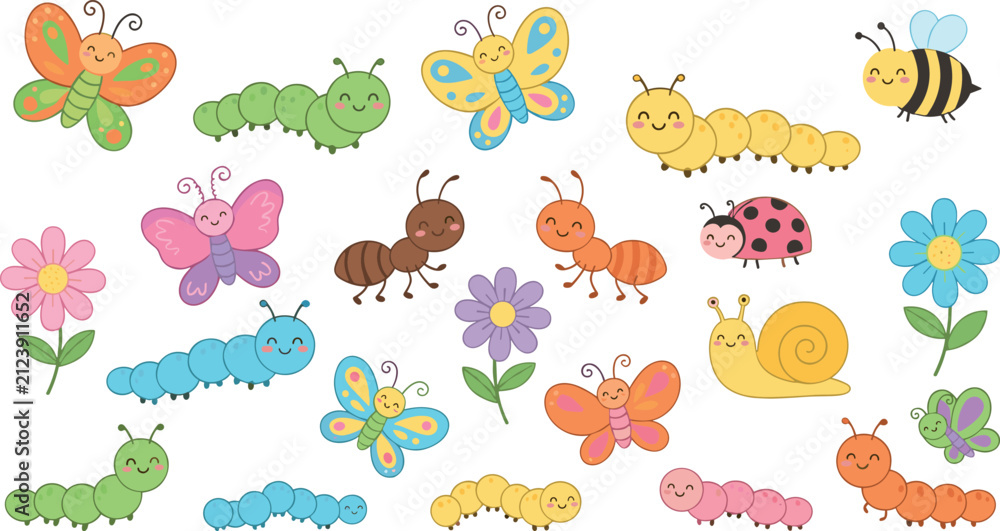 Fototapeta premium Cute Garden Bug Vector Set with Kawaii Butterfly, Caterpillar, Snail, Bee, Ant, and Ladybug Cartoon Characters for Kids Graphic Designs