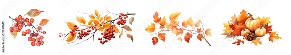 Naklejka premium PNG Autumn leaves and berries watercolor borders, transparent background