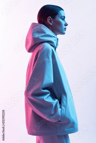 Stylish young woman in futuristic gradient-lit hoodie with earphones, side profile portrait, modern urban fashion concept, vibrant pink and blue lighting, minimalist aesthetic
