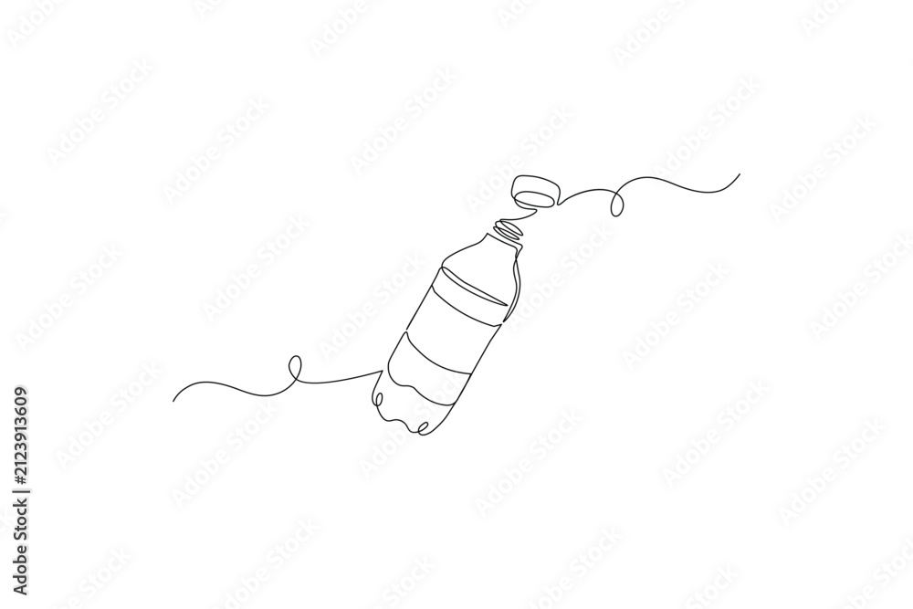 Obraz premium Bottle line art editable stroke continuous one line drawing with fork and wave 