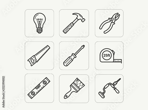 Set of Hand Tools and Light Bulb Icons | DIY and Renovation Symbols