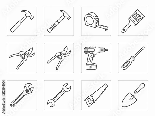 Set of Hand Tools and Power Tools Icons, Line Art Illustration