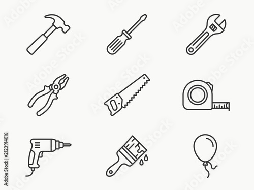 Set of Hand Tools and DIY Icons: Hammer, Screwdriver, Wrench, Pliers, Saw, Tape Measure, Drill