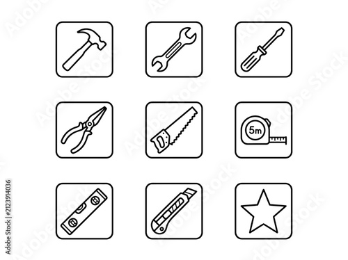 Set of Hand Tools Icons: Hammer, Wrench, Screwdriver, Pliers, Saw, Tape Measure, Level, Cutter, Star