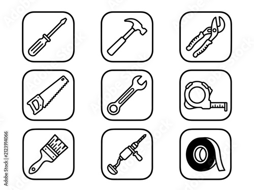 Set of Hand Tools Icons: Screwdriver, Hammer, Pliers, Saw, Wrench, Tape Measure