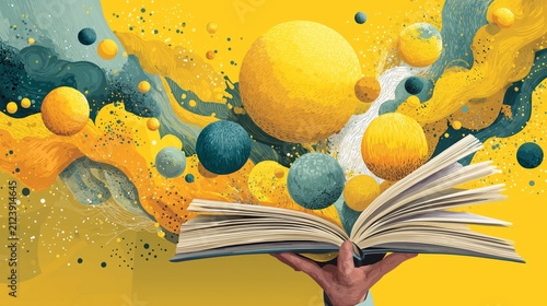 Creative explosion of imagination as a hand holds an open book surrounded by colorful planets and cosmic elements