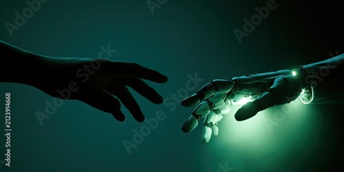 A human hand and a robotic hand reaching towards each other in a futuristic, dark environment