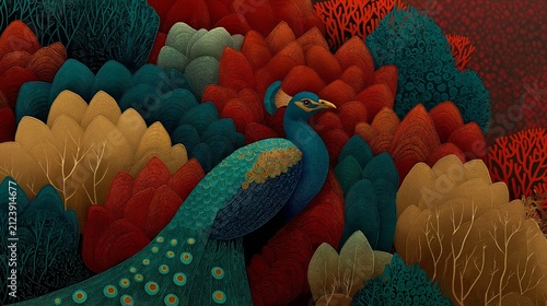 Vibrant peacock stands gracefully amidst lush, colorful foliage in a dreamlike forest