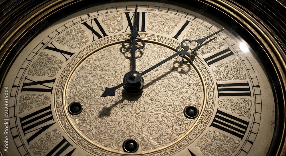 Fototapeta premium Close up of antique golden clock face with Roman numerals and moving hands 
