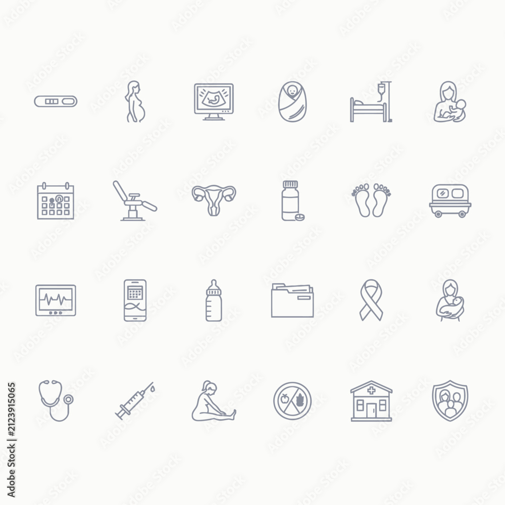 Fototapeta premium Pregnancy and maternity line icons, 24 medical gynecology vector elements, prenatal care and newborn baby health symbols for clinic apps