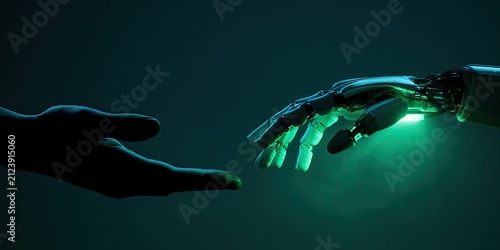 A human hand reaches out towards a glowing robotic hand in a dark setting