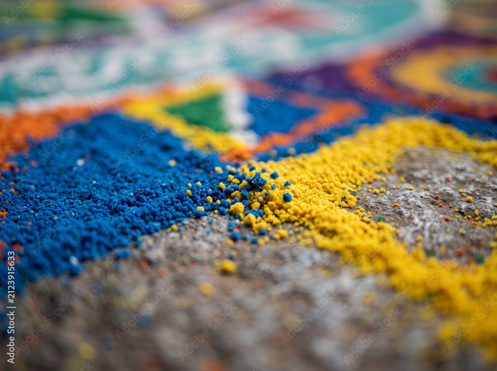 Fototapeta premium Vibrant colored sand powders arranged in traditional Rangoli decorative pattern design