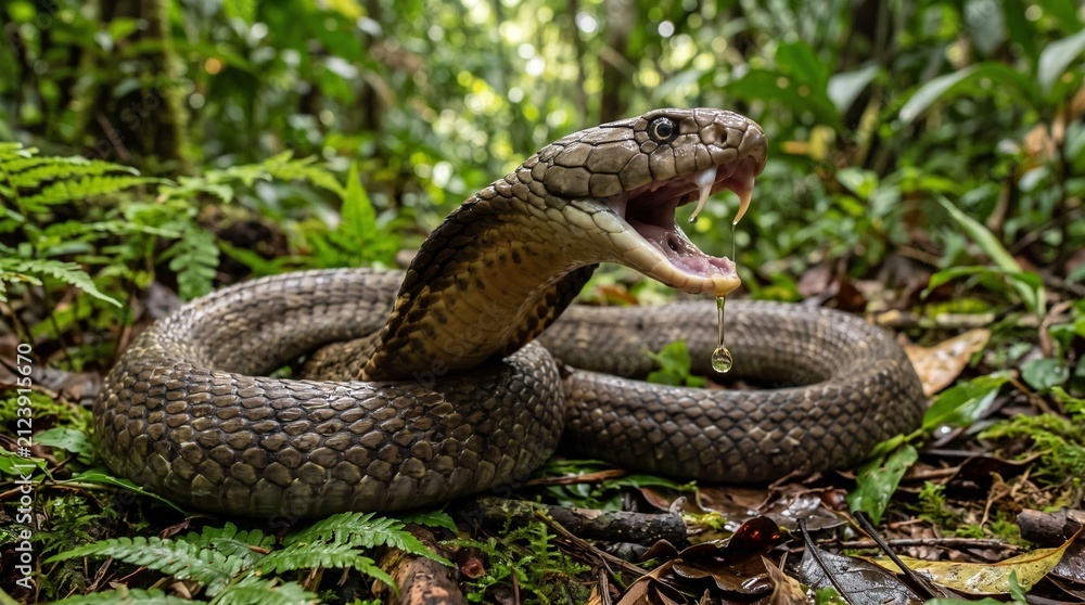 Fototapeta premium Dangerous Venomous Snake Coiled in Jungle Forest with Open Mouth and Sharp Fangs