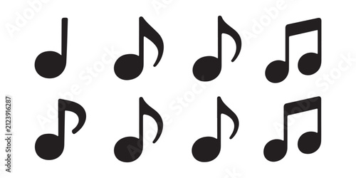 Obraz na płótnie Set of eight black quarter and eighth music notes isolated on a transparent background for art