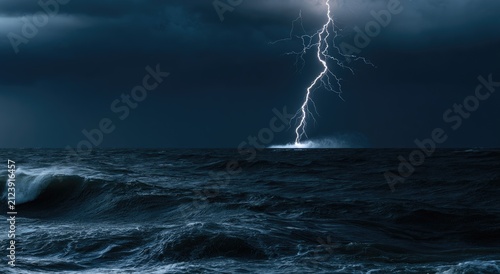 Violent storm unleashes intense lightning strike over turbulent ocean waves