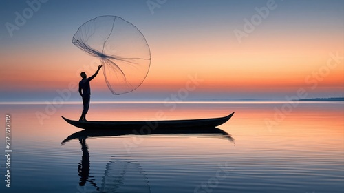A fisherman in silhouette is captured mid action, casting a large circular net from a small boat on a still lake during sunset.