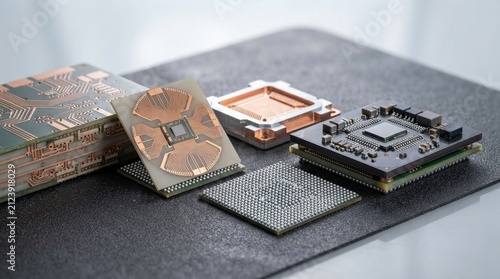 Advanced IC packaging with multilayer substrate, fan-out wafer package, copper traces, thermal spreader, and micro solder spheres on an anti-static mat.