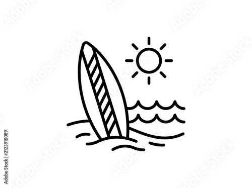 Surfboard standing on beach with sunny waves