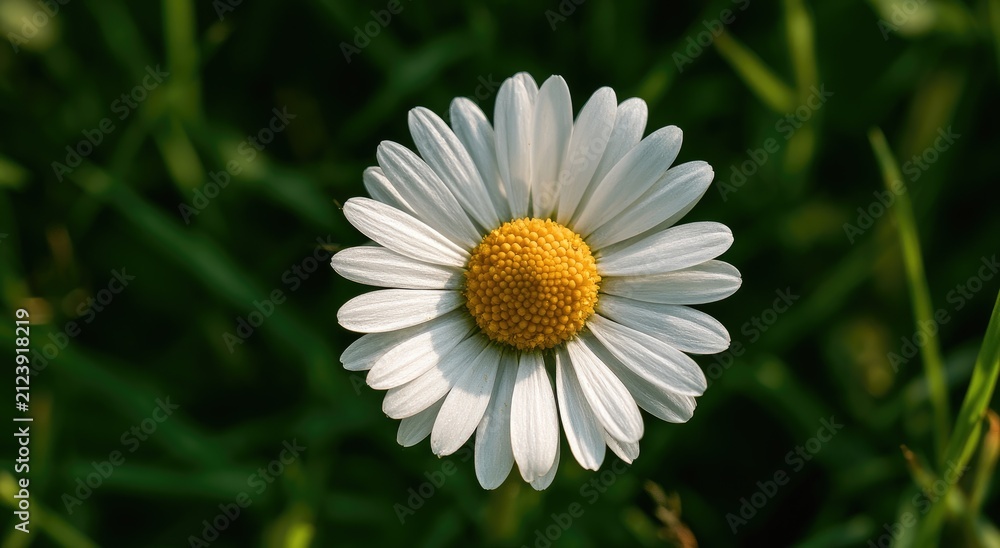 Fototapeta premium Close-up of a single white daisy with a yellow center, on blurred green grass