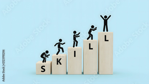 People climbing wooden steps forming the word skill for personal growth