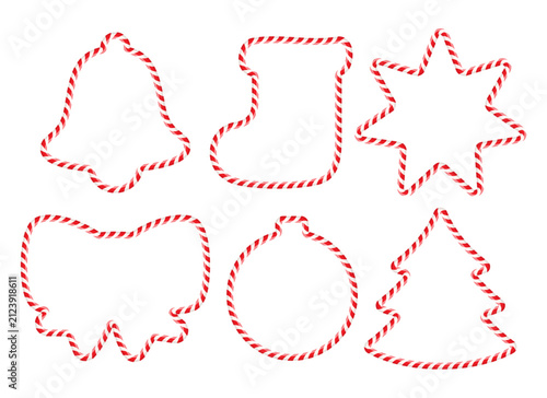 Candy cane frames set, christmas candies borders collection — bell, sock, star, bow, ball and tree forms.