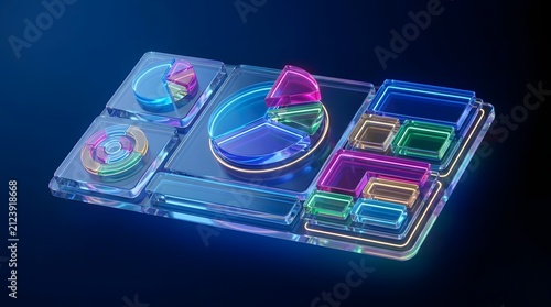 Vibrant transparent infographic charts and data visualization set. Colorful 3D business analytics dashboard elements for presentations and reports.
