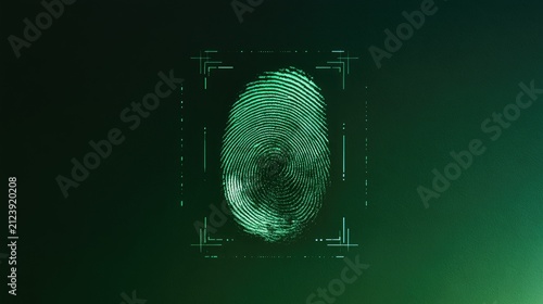 Glowing green fingerprint scan with digital interface on dark background