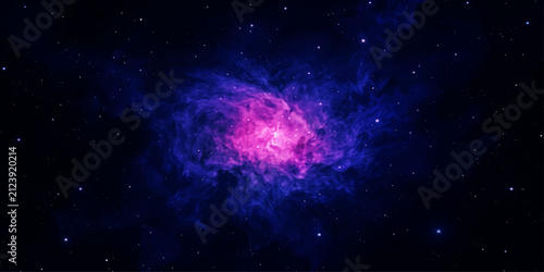 Fotografie A swirling nebula of vibrant pink and electric blue gases illuminates the vast darkness of space, dotted with distant stars, creating a mesmerizing cosmic spectacle