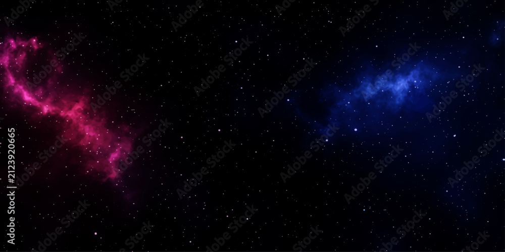 Fototapeta premium Nebula in deep space, two cosmic clouds, one pink and one blue, illuminated against a backdrop of countless stars.