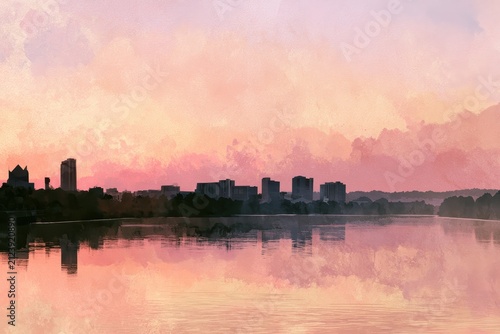 Pastel watercolor cityscape of Knoxville with river reflections