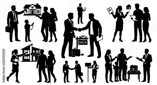 Real Estate Agent Silhouettes, Property Transaction Icons, Business Dealings, Home Buying & Selling Graphics, Diverse Scenes