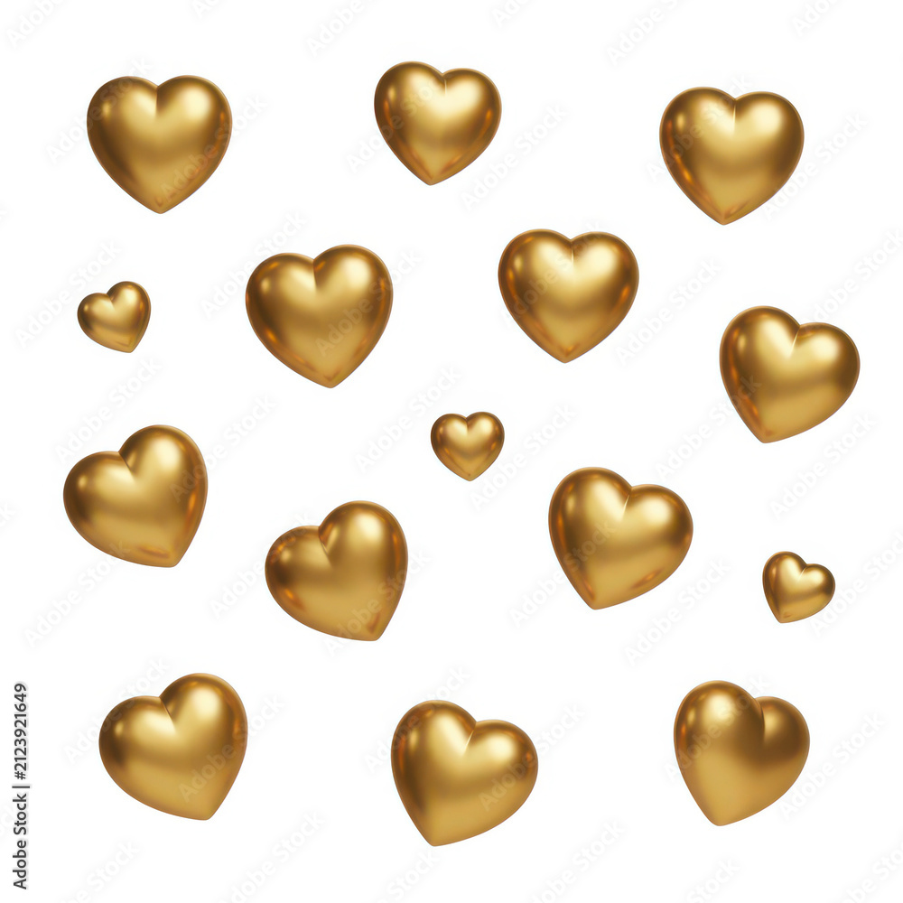 Obraz premium Collection of golden heart icons in grid pattern isolated on white background