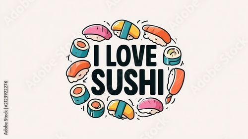 Playful sushi themed design featuring bold text I LOVE SUSHI and stylized nigiri and maki on a light backdrop