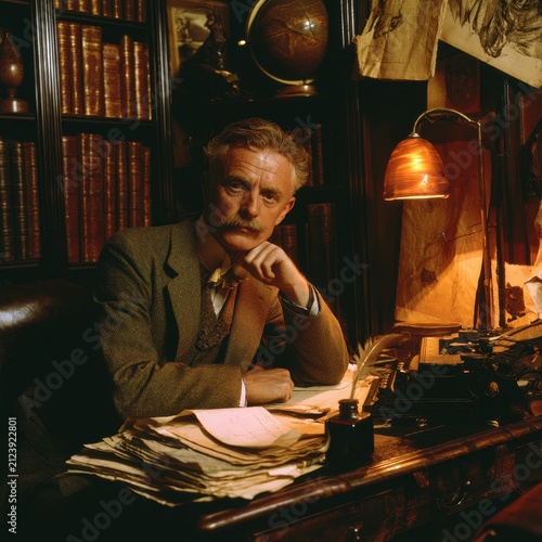 Portrait of an English writer and critic in a vintage study with tweed suit and leather-bound volumes