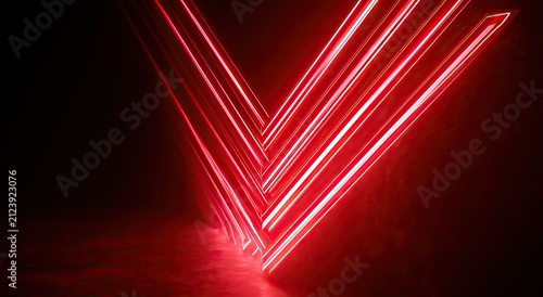 Abstract red neon lights form sharp angles in a dark, misty space