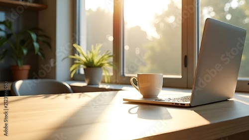 Minimal remote work setup with fresh coffee and modern laptop arranged for website banners, advertising and editorial layouts