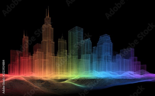 Wireframe cityscape with glowing rainbow hues against black