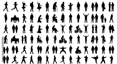 Diverse Human Silhouettes Collection, 100+ Figures, Walking, Running, Sitting, Exercising, Vector Icons for Lifestyle, Business, and Health Concepts