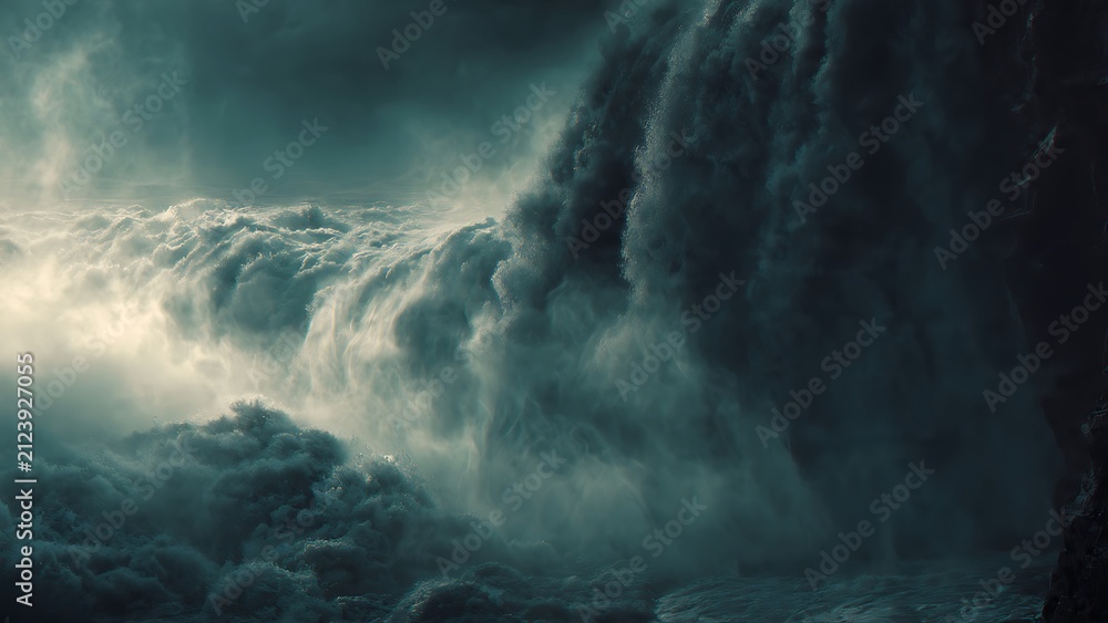 Fototapeta premium Dramatic cloud formation cascading over a dark cliff edge.