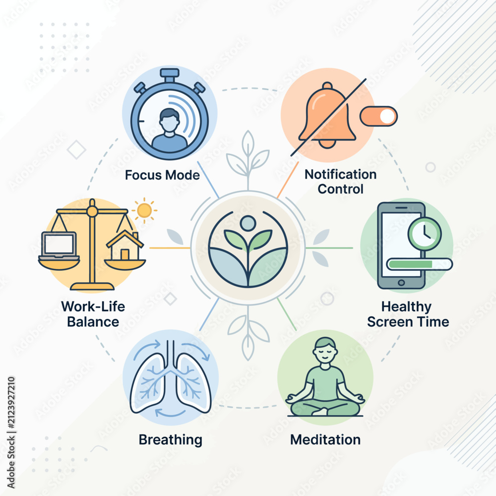 Fototapeta premium Holistic Wellness and Digital Well-being Infographic Illustrating Balanced Lifestyle Practices for Improved Mental Clarity and Focus