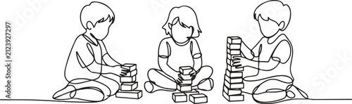 Continuous one line drawing of children playing with wooden blocks