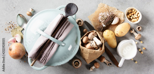 Fotografía Autumn Cooking Ingredients and Blue Pot Flat Lay
