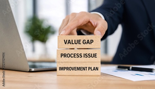 Professional placing wooden blocks labeled value gap process issue improvement plan on desk near laptop and documents
